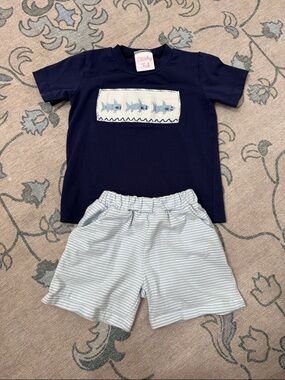 Stitchy Fish Navy & Light Blue Kids Shark Nautical Matching Set Striped Cotton